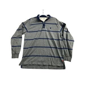 IZOD Mens Gray Blue Stripe Long Sleeve 1/4 Zip Polo Shirt Rugby Style Cotton, L